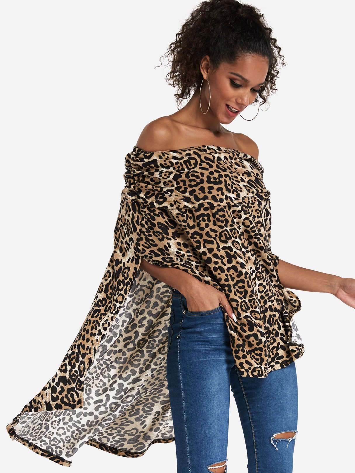 Wholesale Off The Shoulder Leopard Slit Half Sleeve Top