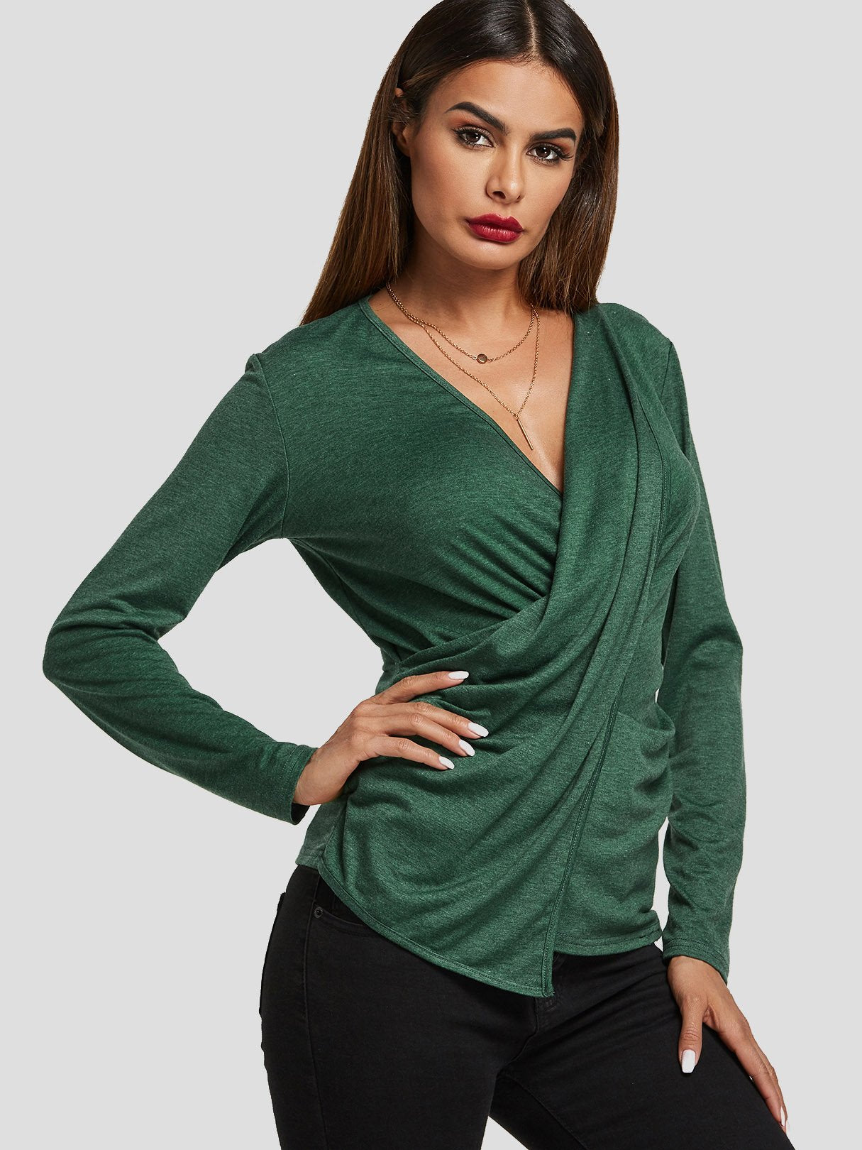 Wholesale V-Neck Crossed Front Long Sleeve Green Top