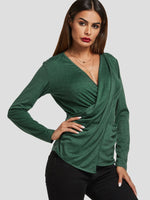 Wholesale V-Neck Crossed Front Long Sleeve Green Top