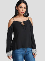 Wholesale Cold Shoulder Lace Cut Out Long Sleeve Black T-Shirts