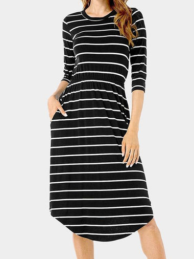 Wholesale Black Round Neck 3/4 Length Sleeve Stripe Curved Hem Midi Dress