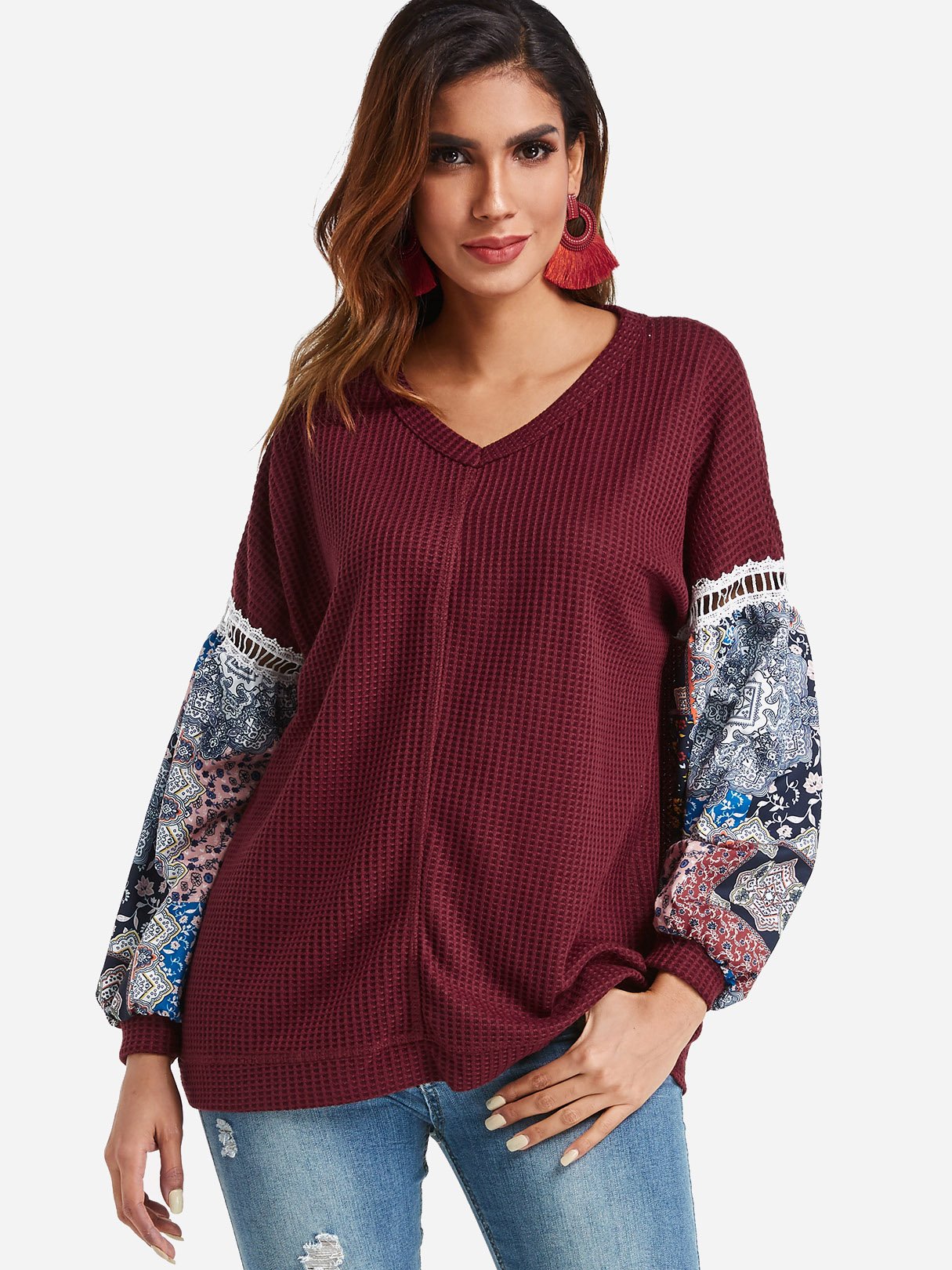 Wholesale V-Neck Floral Print Long Sleeve Top