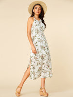 Wholesale White Halter Sleeveless Floral Print Backless Self-Tie Slit Hem Maxi Dresses