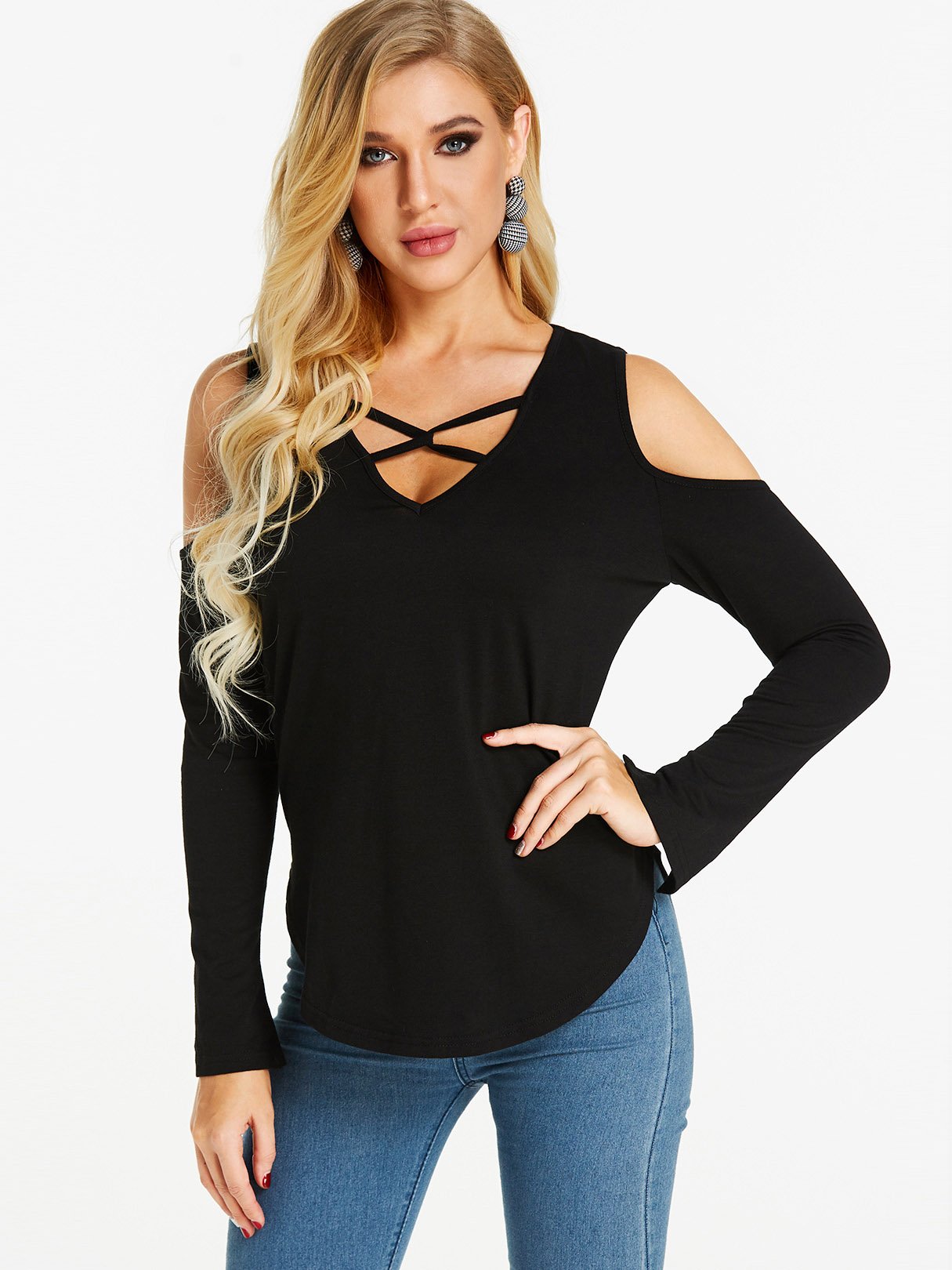 Wholesale Cold Shoulder Slit Long Sleeve Curved Hem Black Top