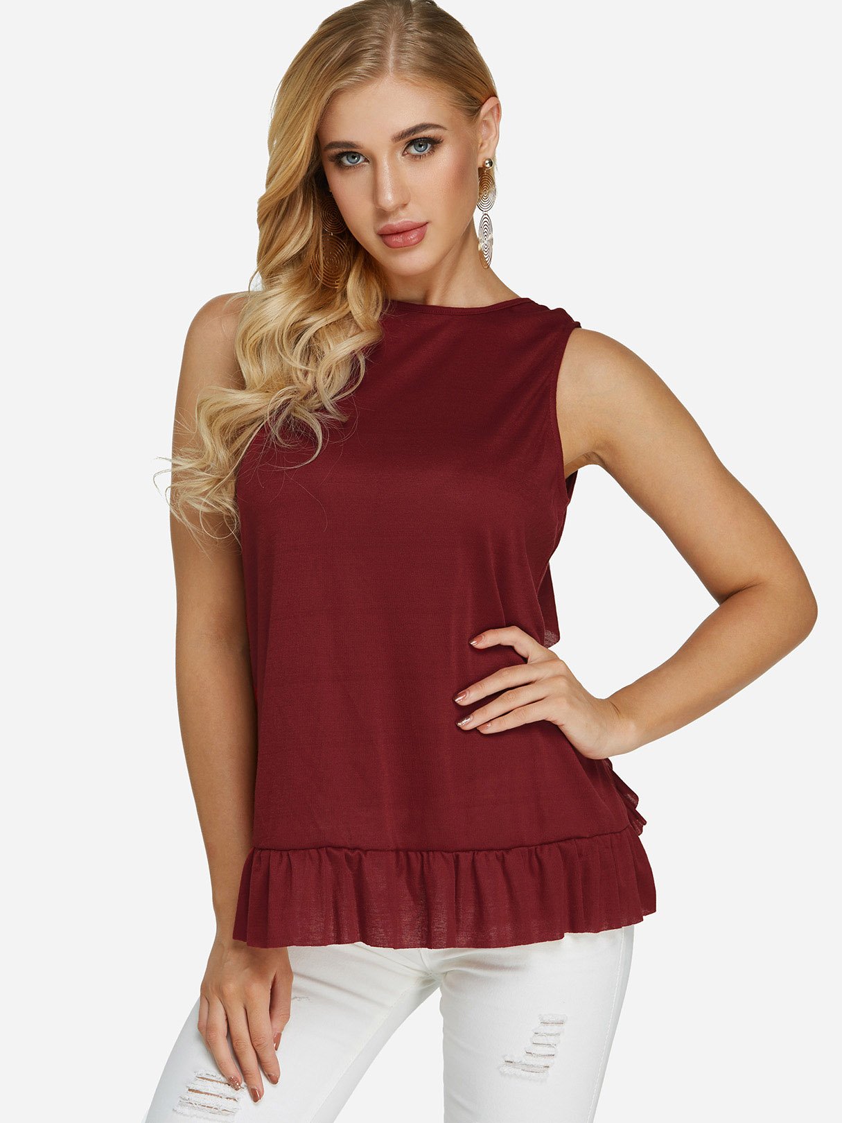 Wholesale Crew Neck Plain Lace Sleeveless Ruffle Hem Tank Top
