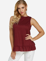 Wholesale Crew Neck Plain Lace Sleeveless Ruffle Hem Tank Top