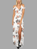 Wholesale V-Neck Floral Print Backless Slit Hem Dresses