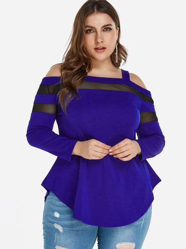 Wholesale Cold Shoulder Plain Cut Out Long Sleeve Curved Hem Blue Plus Size Tops