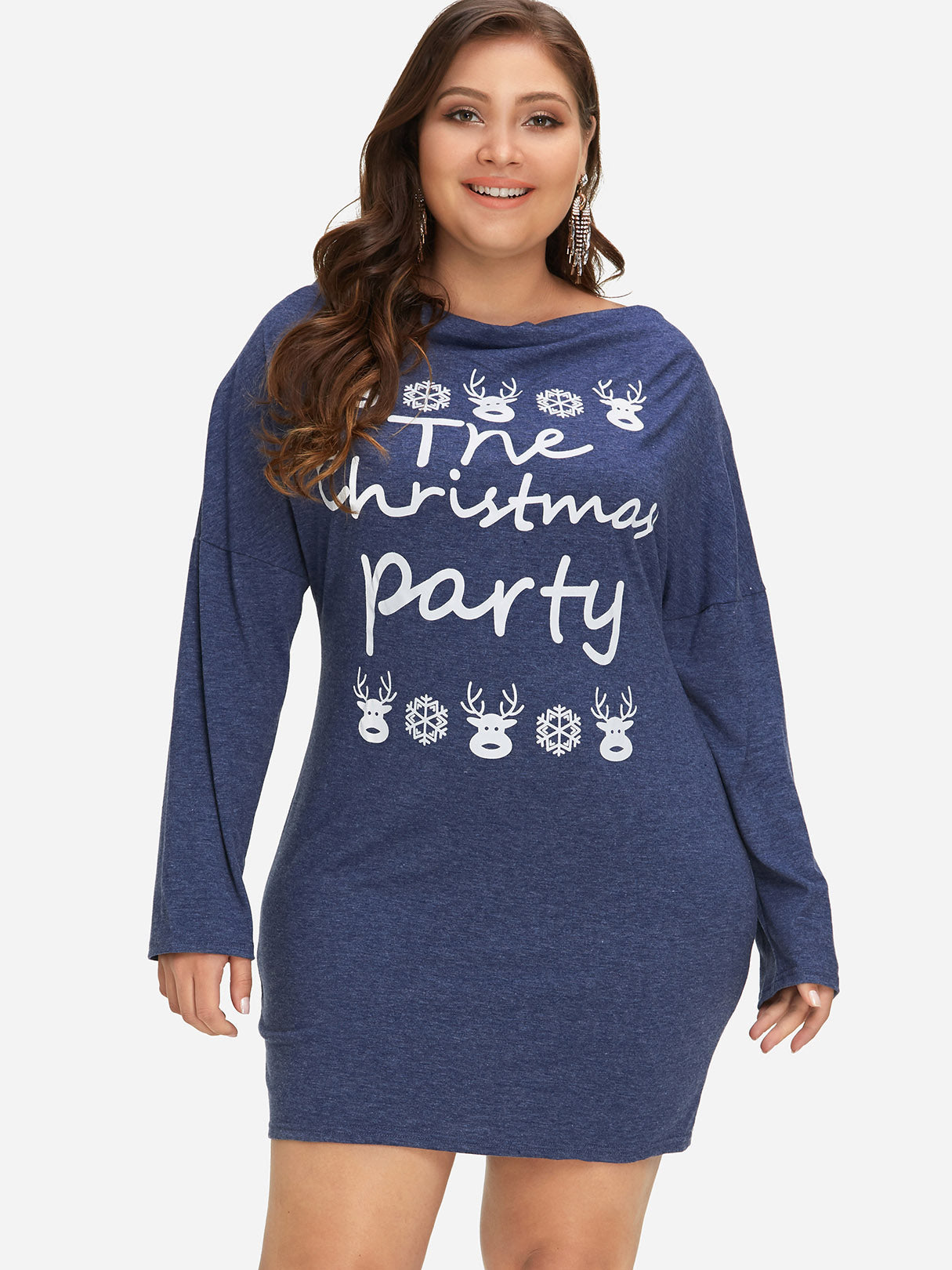 Wholesale Bateau Letter Floral Print Long Sleeve Blue Plus Size Dress