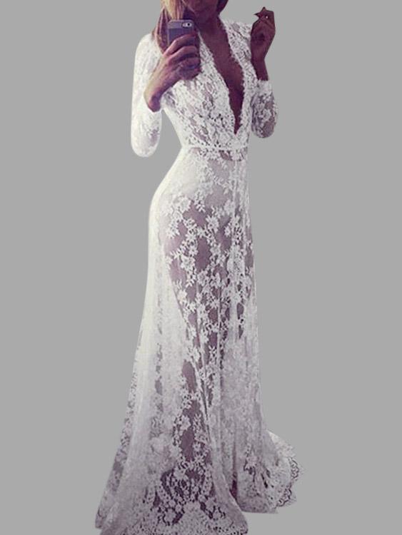 Wholesale White Deep V Neck Long Sleeve Lace Dress