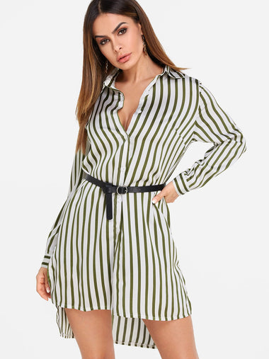 Wholesale Green Lapel Collar Long Sleeve Stripe High-Low Hem Shirt Dresses