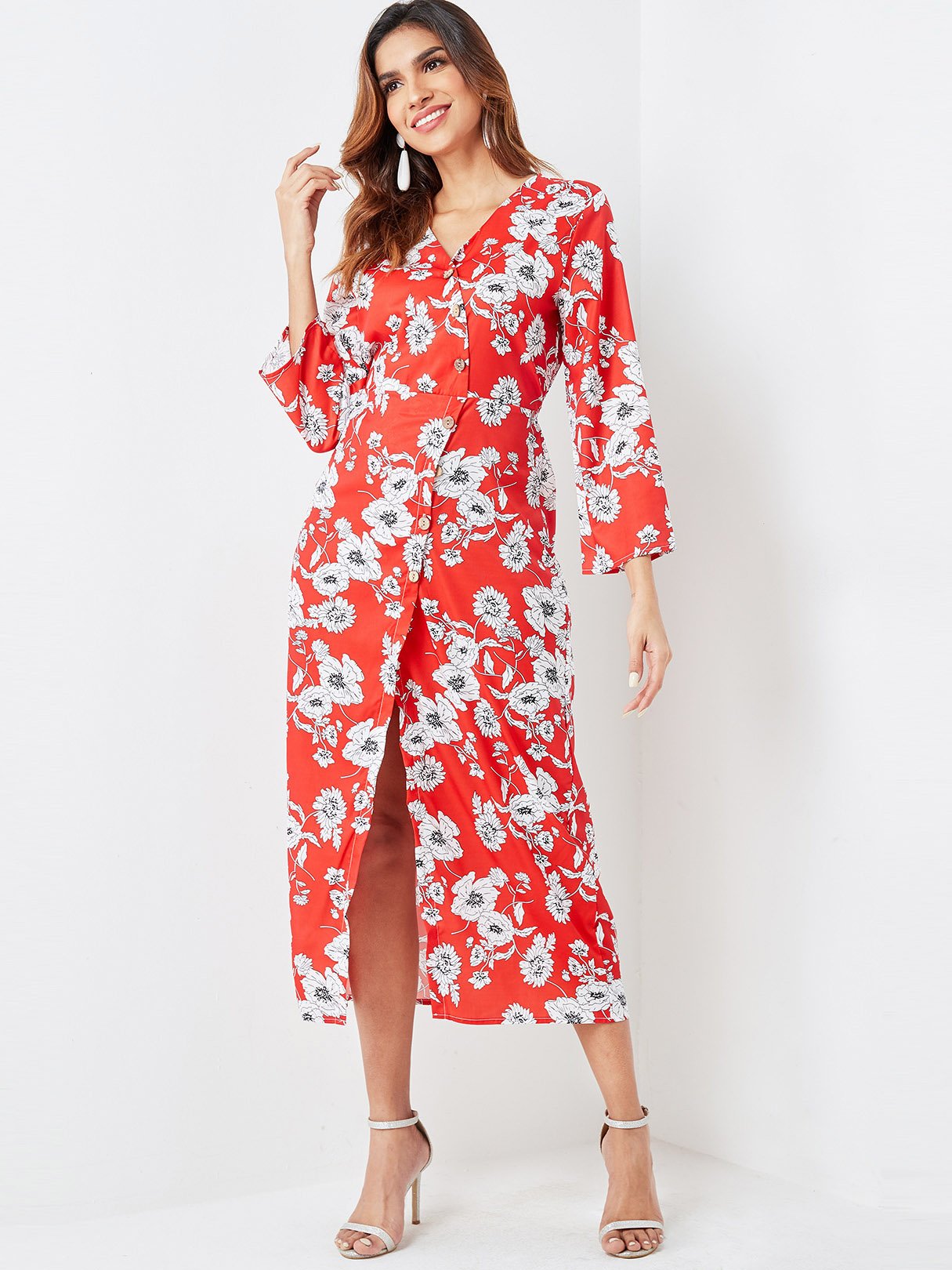 OEM Ladies Red Floral Dresses