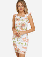 Wholesale White Round Neck Sleeveless Floral Print Bodycon Dresses