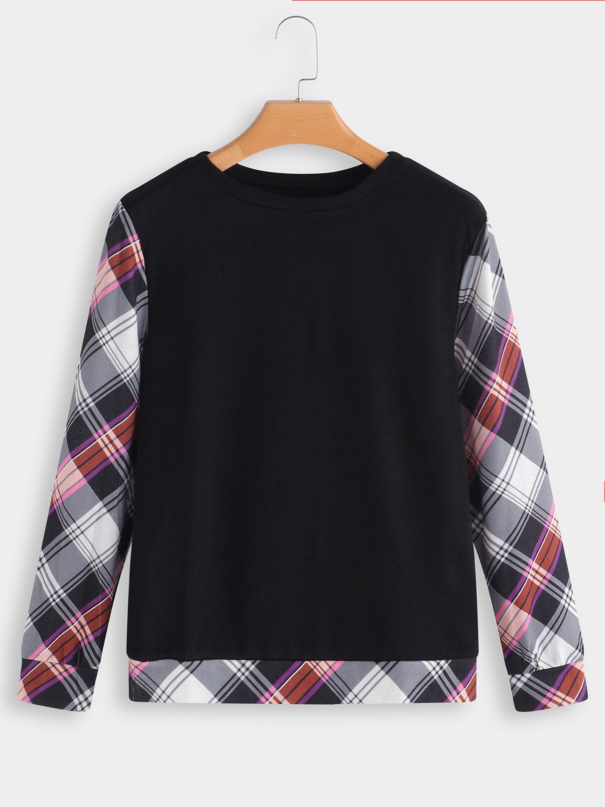 Wholesale Round Neck Grid Printed Long Sleeve Black T-Shirts