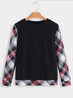 Wholesale Round Neck Grid Printed Long Sleeve Black T-Shirts