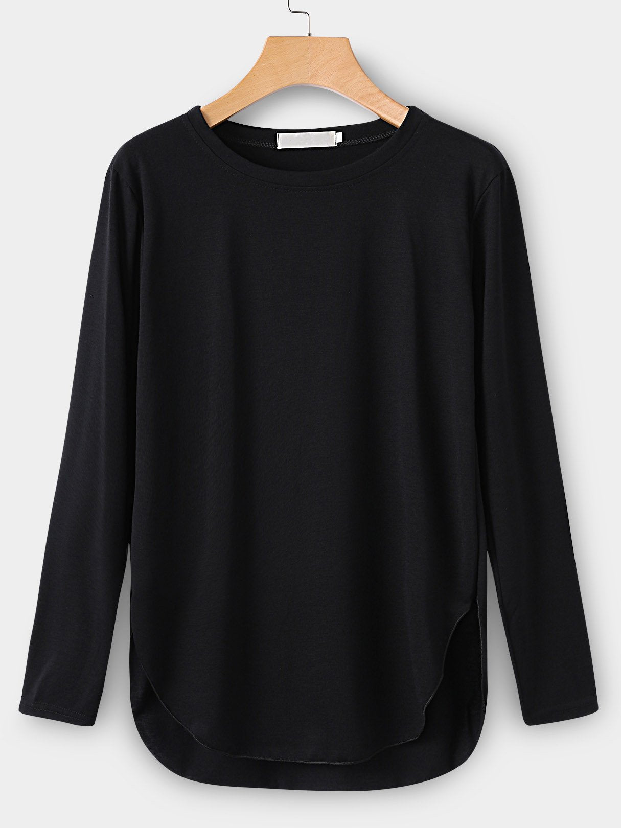 Wholesale Round Neck Plain Long Sleeve Curved Hem T-Shirts