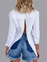 Wholesale Classic Collar Plain Slit Long Sleeve Irregular Hem White T-Shirts