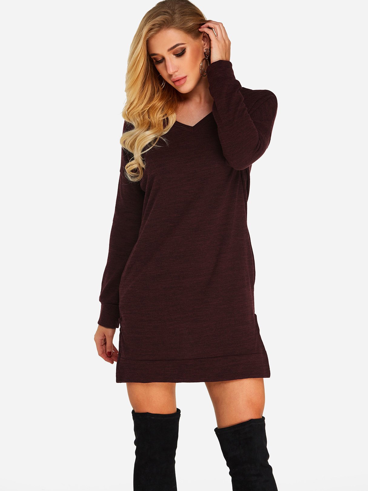 Wholesale Burgundy V-Neck Long Sleeve Plain Slit Hem Dresses