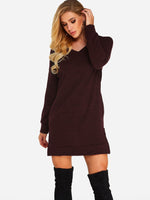 Wholesale Burgundy V-Neck Long Sleeve Plain Slit Hem Dresses