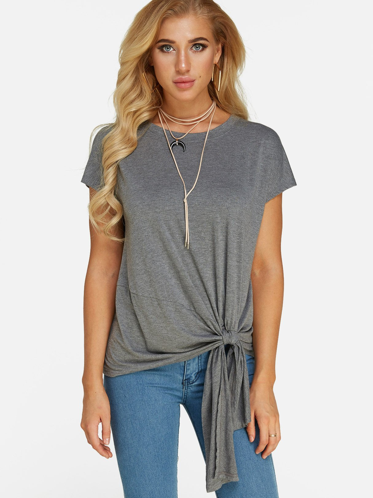 Wholesale Round Neck Plain Lace-Up Pleated Short Sleeve Irregular Hem Grey T-Shirts