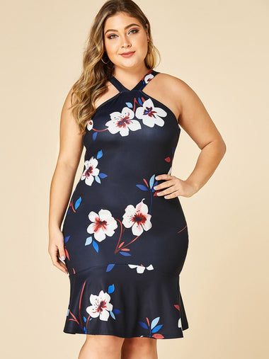 Wholesale Halter Floral Print Zip Back Sleeveless Black Plus Size Dress