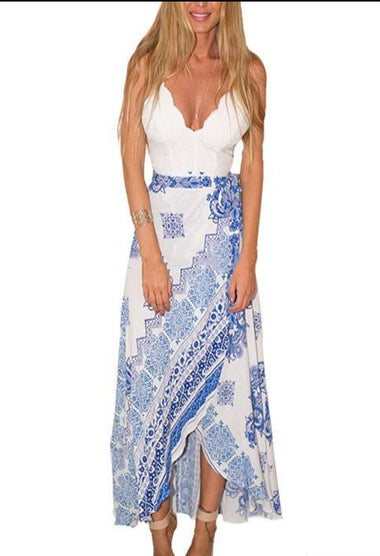 Wholesale White Deep V Neck Sleeveless Tribal Print Backless Spaghetti Strap Maxi Dress