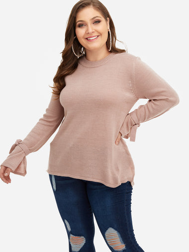 Wholesale Round Neck Plain Self-Tie Long Sleeve Plus Size Tops