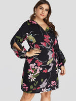 Wholesale V-Neck Floral Print Slit Self-Tie Wrap Long Sleeve Plus Size Dress