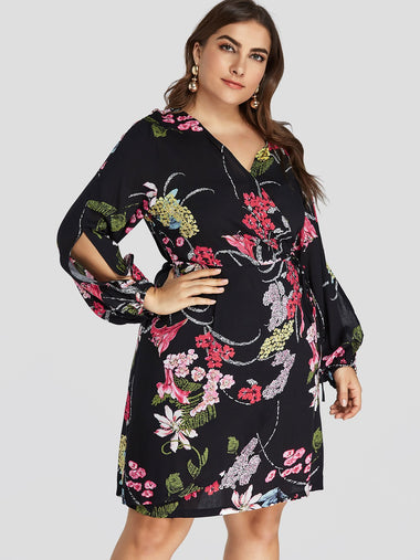 Wholesale V-Neck Floral Print Slit Self-Tie Wrap Long Sleeve Plus Size Dress
