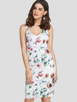 Wholesale White V-Neck Sleeveless Floral Print Backless Dresses