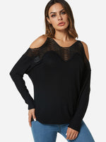 Wholesale V-Neck Hollow Long Sleeve Black T-Shirts