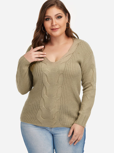 Wholesale V-Neck Plain Long Sleeve Khaki Plus Size Tops