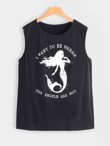 Wholesale Round Neck Printed Sleeveless Black Plus Size Tops