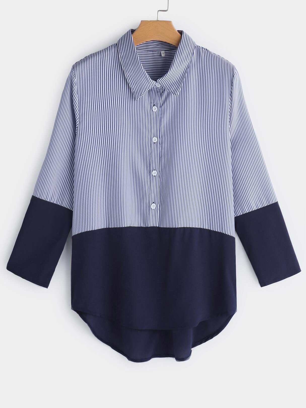 Wholesale Button Design Stripe Classic Collar Long Sleeves Tee