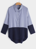 Wholesale Button Design Stripe Classic Collar Long Sleeves Tee