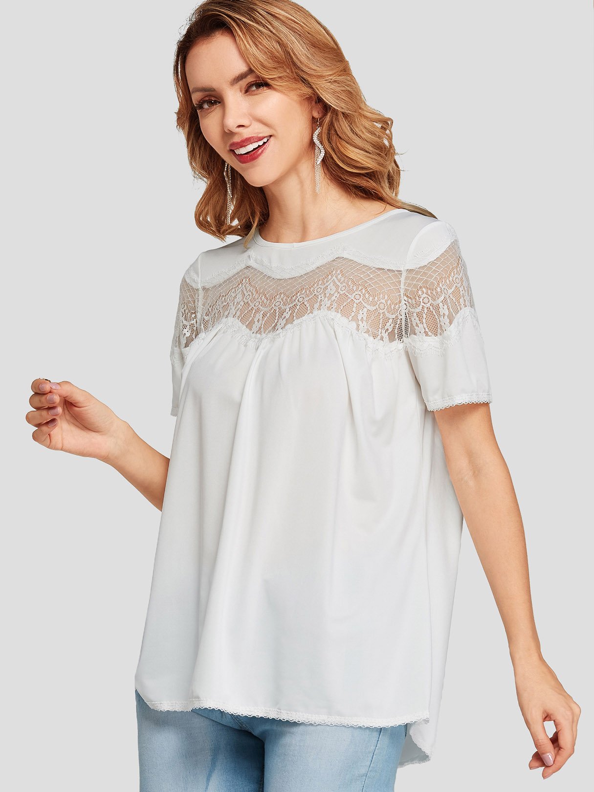 Wholesale Round Neck Sheer Lace Short Sleeve White T-Shirts