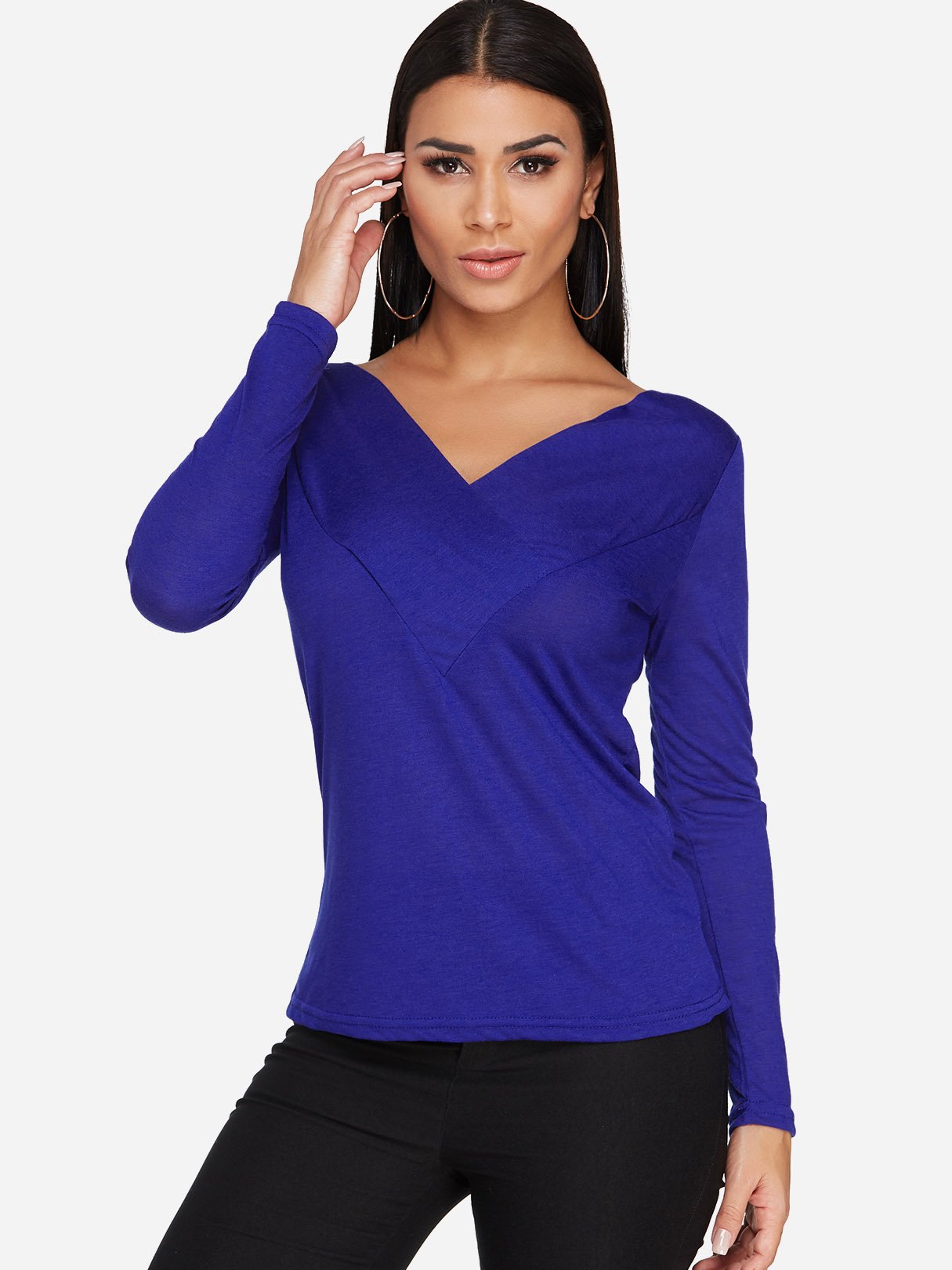 Wholesale V-Neck Plain Pleated Long Sleeve T-Shirts