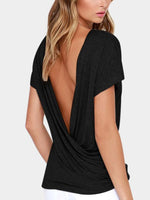 Wholesale Deep V Neck Plain Crossed Front Pleated Short Sleeve Black T-Shirts