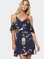 Wholesale V-Neck Short Sleeve Floral Print Cut Out Dresses