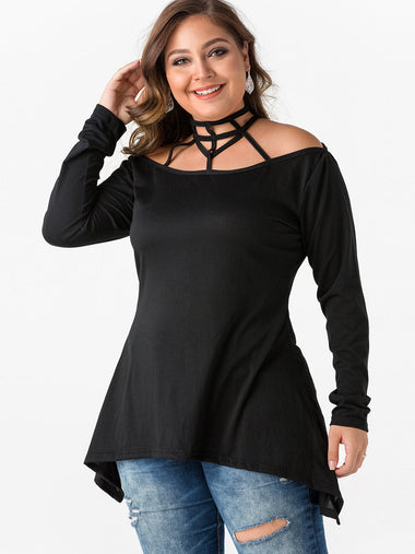 Wholesale Off The Shoulder Plain Cut Out Long Sleeve Black Plus Size Tops
