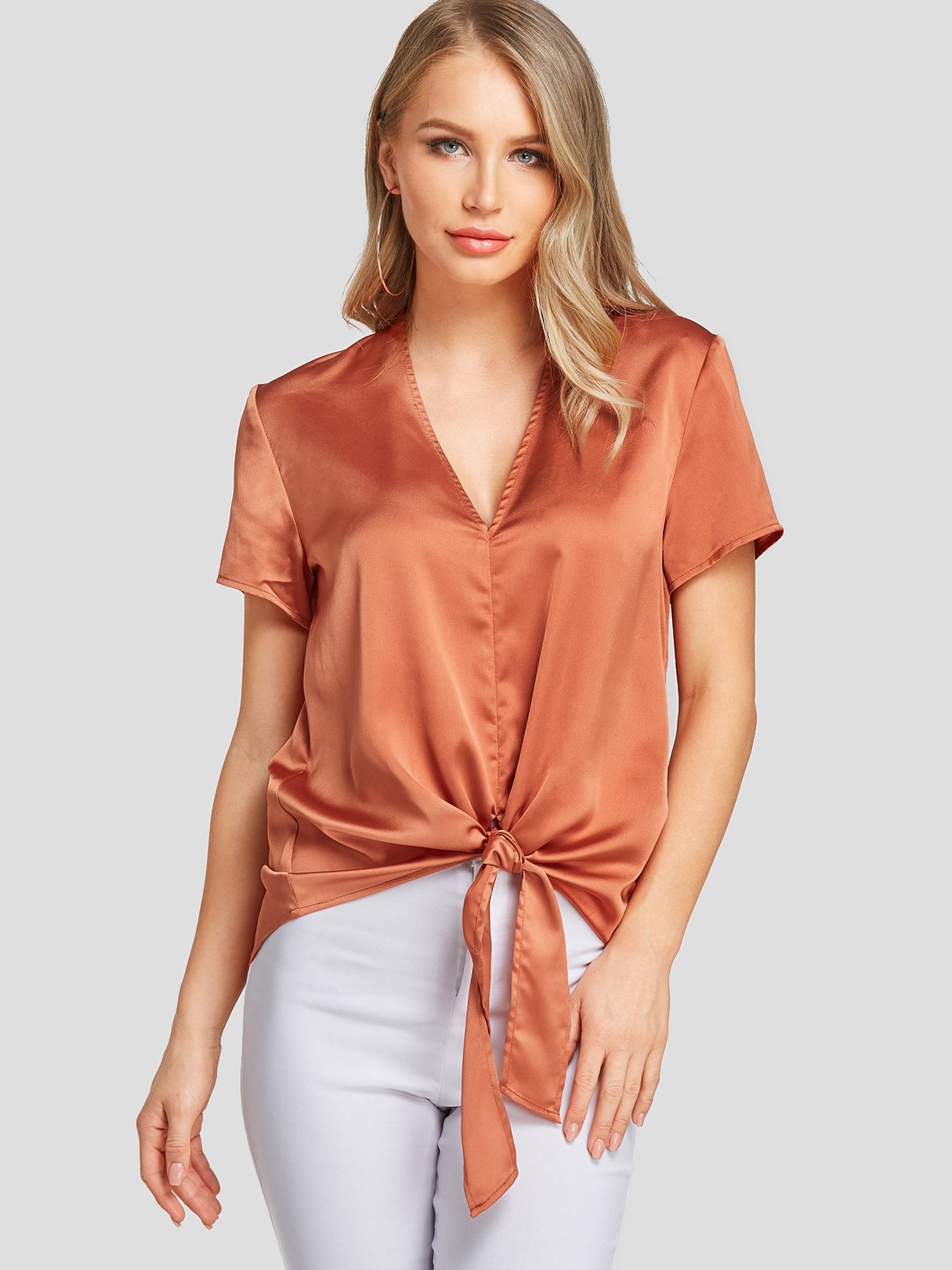 Wholesale V-Neck Short Sleeve Brown Blouses