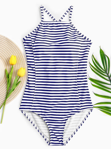 Wholesale Navy Halter Sleeveless Stripe One-Pieces