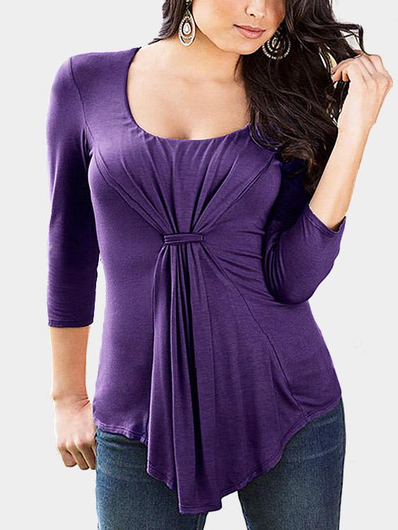 Wholesale Round Neck Long Sleeve Irregular Hem Purple T-Shirts