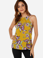 Wholesale Round Neck Floral Print Backless Sleeveless Yellow Camis