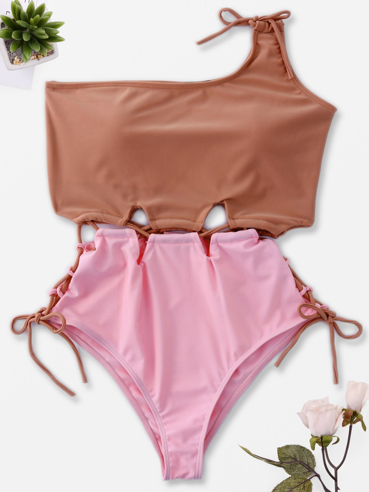 Wholesale Apricot Sleeveless Lace-Up One-Pieces Swimwears