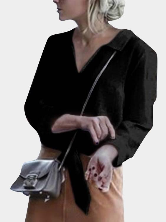 Wholesale V-Neck Long Sleeve Slit Hem Black Blouses
