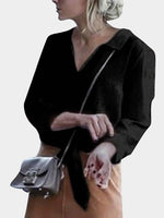 Wholesale V-Neck Long Sleeve Slit Hem Black Blouses