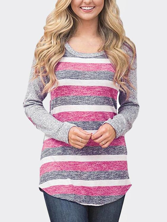 Wholesale Round Neck Long Sleeve Curved Hem Light Pink T-Shirts
