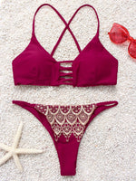 Wholesale Red Scoop Neck Sleeveless Lace Cut Out Bikinis