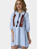 Wholesale Blue Round Neck 3/4 Length Sleeve Embroidered Tassel Casual Dress
